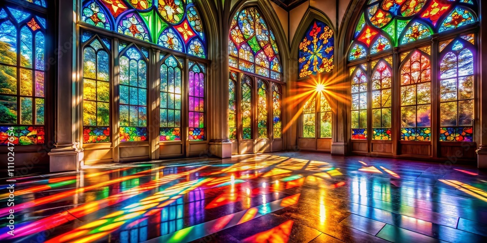 Captivating Stained Glass Window Casting a Rainbow on the Floor, Illuminating the Space with a Serene Atmosphere of Colorful Light and Reflection