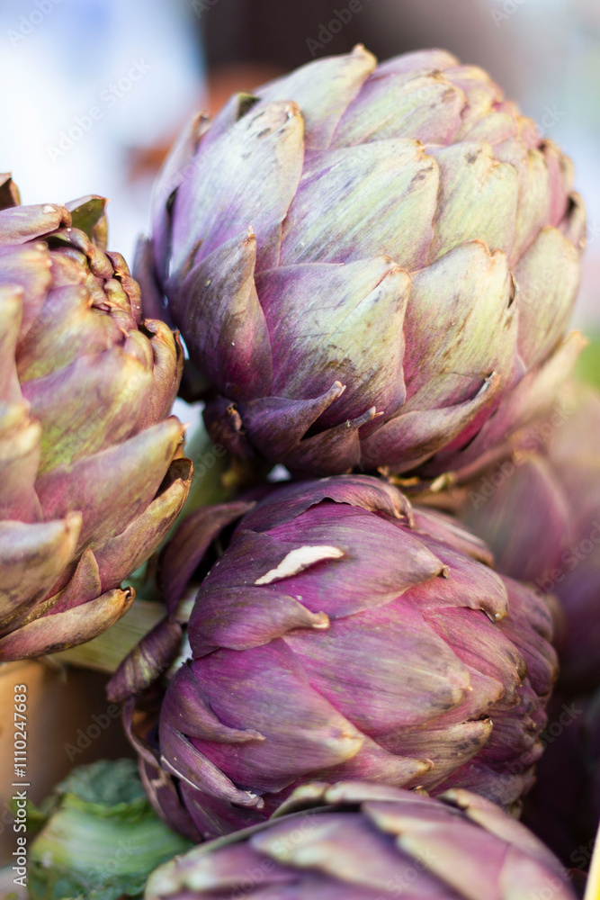 Fototapeta premium Frische Artischocken, Gemüse vom Wochenmarkt. Lila und grün