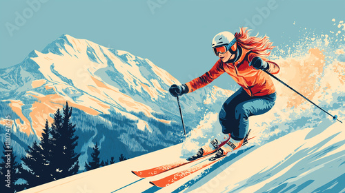Vibrant pop art poster of a woman skiing, capturing dynamic motion and retro style.