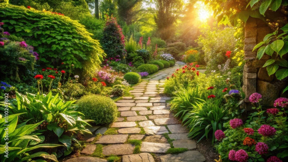 Obraz premium A Stone Path Meanders Through a Lush Garden Bathed in the Golden Light of the Setting Sun