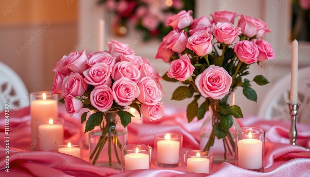 Obraz premium A romantic table setting featuring pink roses in glass vases, illuminated by soft candlelight, creating an elegant atmosphere.
