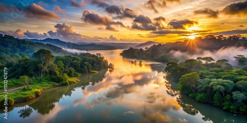 Captivating Sunrise Over Chagres River in Panama, Showcasing Lush Greenery and Serene Waters, Perfect for Nature and Travel Enthusiasts Seeking Scenic Views