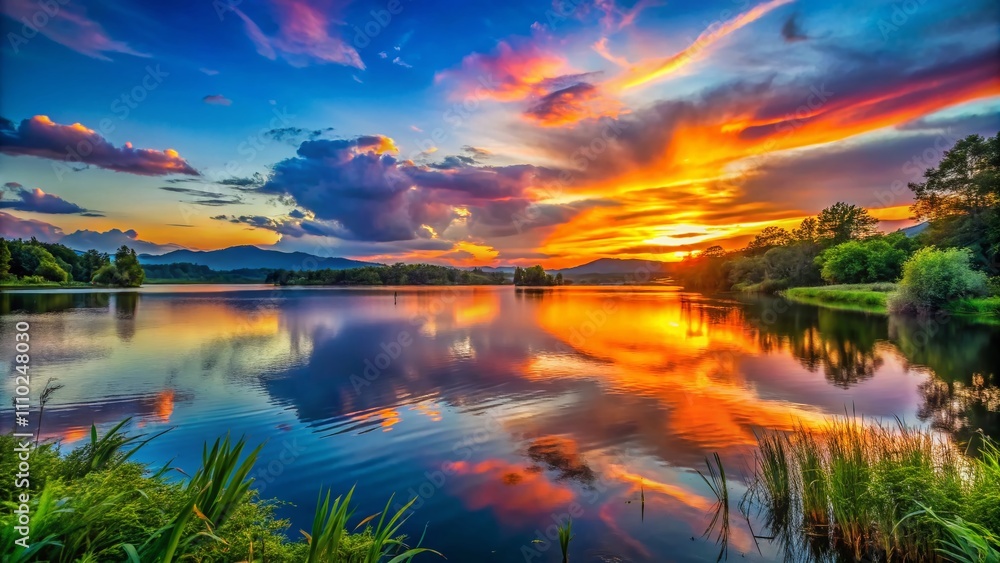Captivating Sunset Over Tranquil Lake with Vibrant Colors Reflecting in a Peaceful Evening Sky, Perfect for Nature and Landscape Photography Enthusiasts Captivating Sunset Over Tranquil Lake with Vibrant Colors Reflecting in a Peaceful Evening Sky, Perfect for Nature and Landscape Photography Enthusiasts
