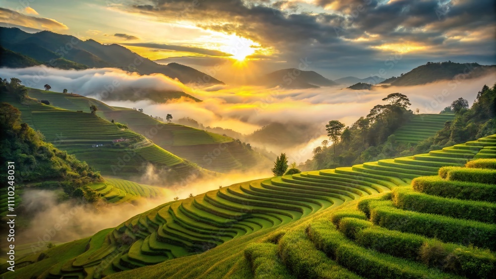 Naklejka premium Captivating Sunrise Over Misty Rice Terraces: A Serene Landscape of Lush Green Hills and Soft Fog Embraced by Warm Rays of Morning Light