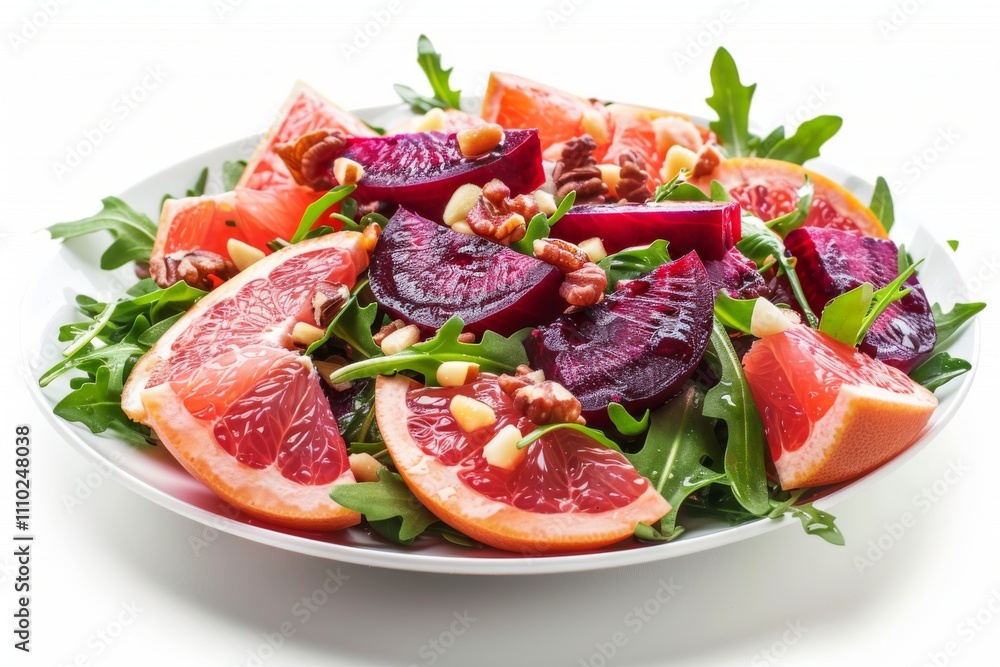 Grapefruit, Pine Nuts, Salad with Arugula Garnish, Beets. Fruits, Nuts and Vegetables Salat Isolated Grapefruit, Pine Nuts, Salad with Arugula Garnish, Beets. Fruits, Nuts and Vegetables Salat Isolated