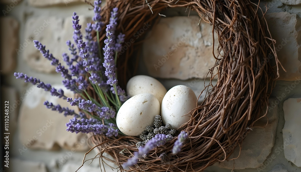 Obraz premium Rustic Easter wreath with lavender and eggs on stone wall