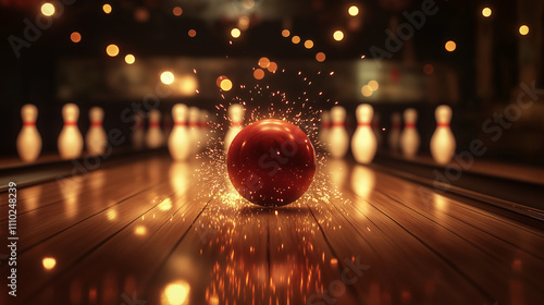 A bowling ball striking pins with dynamic lighting, symbolizing excitement and skill in bowling entertainment.