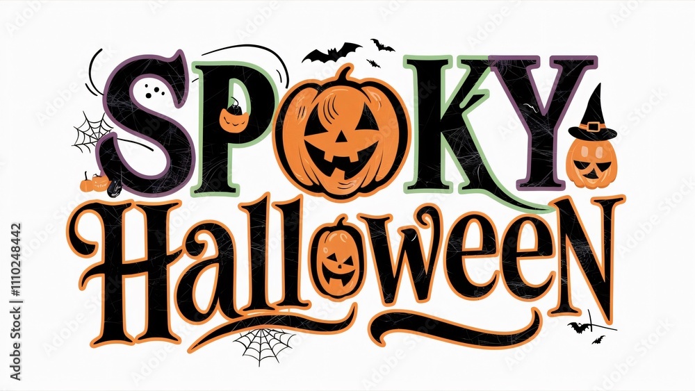 Fototapeta premium Spooky Halloween Typography Design with Pumpkins and Bats - Festive Holiday Greeting Card