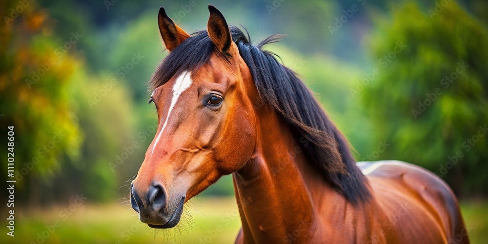 Obraz premium Captivating Tilt-Shift Photography of a Relaxed Bay Horse Head Portrait in Detail, Focused on the Natural Beauty and Serenity of a Brown Horse's Expression