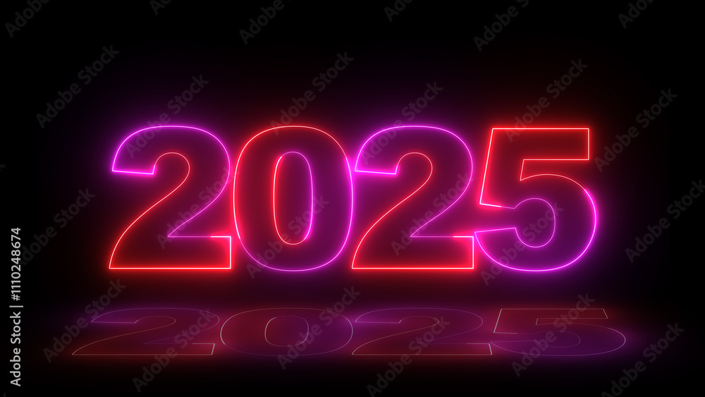 Neon glittering 2025 text on reflection festive background, Christmas and new year celebration. Text new year 2025 neon effect Neon glittering 2025 text on reflection festive background, Christmas and new year celebration. Text new year 2025 neon effect