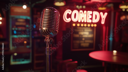 A microphone on stage with a neon 'comedy' sign, symbolizing stand-up comedy.
