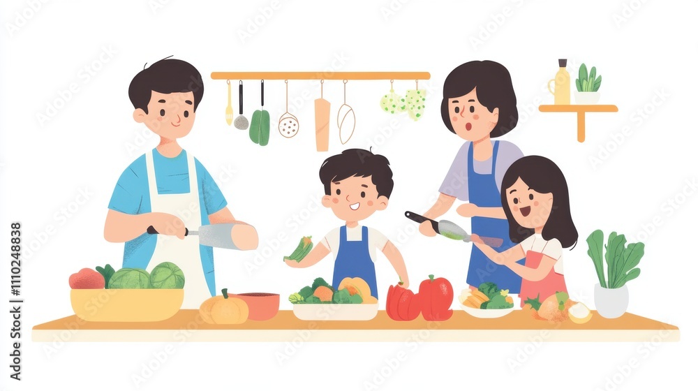 Family cooking together in a kitchen with fresh vegetables and teamwork among children and parents Family cooking together in a kitchen with fresh vegetables and teamwork among children and parents
