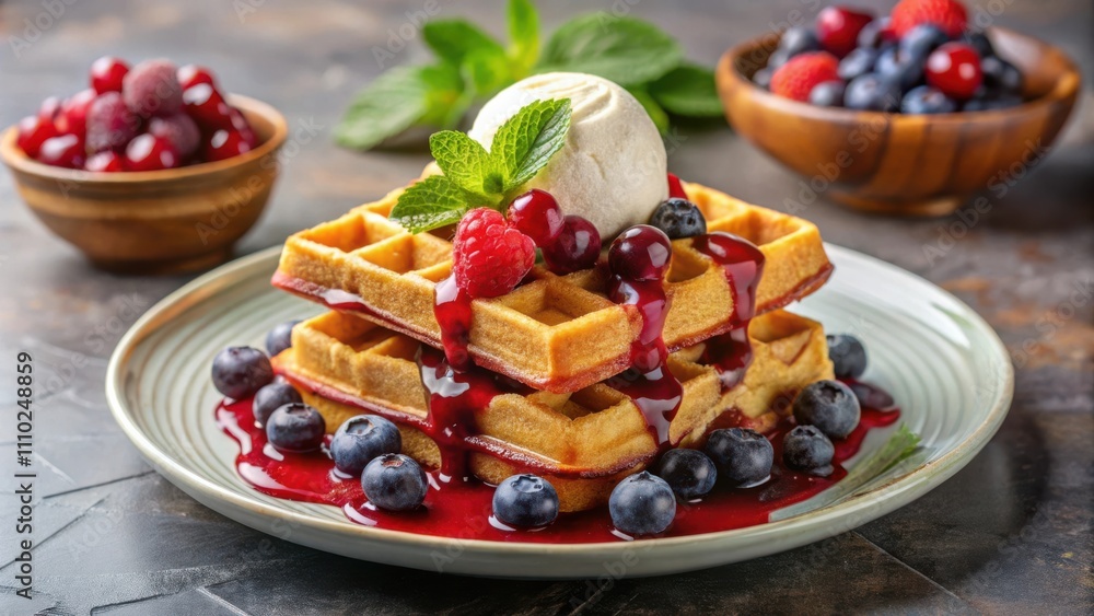 A Stack of Golden Waffles Topped with Vanilla Ice Cream and a Drizzle of Red Berry Sauce, Adorned with Fresh Berries and a Sprig of Mint A Stack of Golden Waffles Topped with Vanilla Ice Cream and a Drizzle of Red Berry Sauce, Adorned with Fresh Berries and a Sprig of Mint