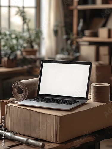 Laptop on Cardboard Box Surrounded by Packing Materials in a Home Office Environment, Reflecting Remote Work and Moving Transitions. white blank screen laptop.