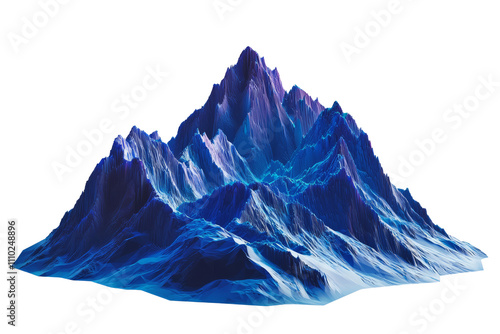 Mountain range with glowing blue lines tracing its peaks, low poly on a white background photo