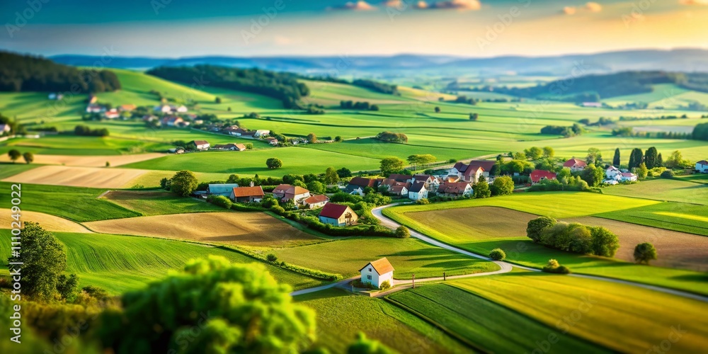 Fototapeta premium Captivating Tilt-Shift Photography of the Great European Plain Showcasing Lush Fields, Rolling Hills, and Charming Villages in a Dreamlike Miniature Landscape