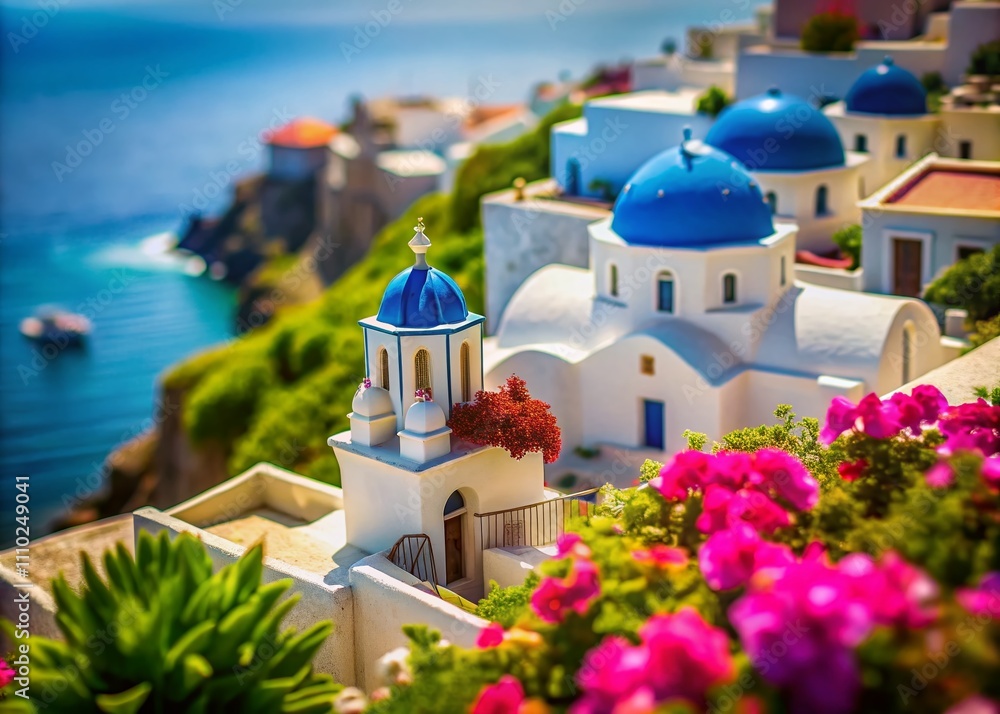 Obraz premium Captivating Tilt-Shift Photography of Traditional Greek Homes Nestled Among Breathtaking Landscapes, Showcasing Iconic Architecture and Vibrant Colors Under a Clear Blue Sky