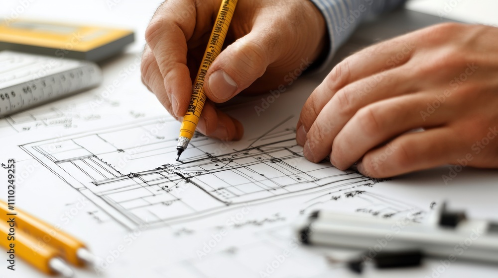 Architectural drawing process at a workspace with tools and plans involved Architectural drawing process at a workspace with tools and plans involved