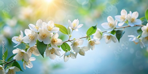 A delicate branch of white blossoms with a sunlit blue backdrop and a soft blur creating an ethereal feel