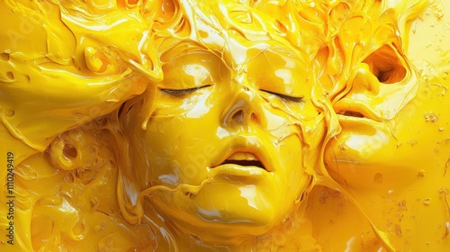 A serene face peacefully submerged in bright yellow liquid, evoking themes of transformation and serenity in a dreamlike and surreal visual style. AI generated. photo