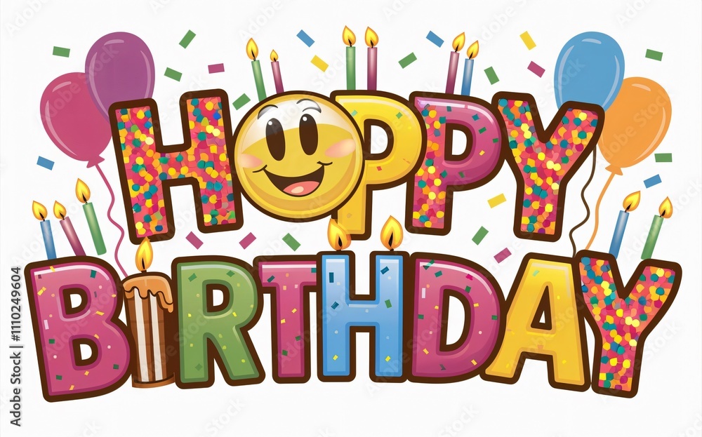 Joyful Happy Birthday Card Design with Smiley, Balloons, and Candles Joyful Happy Birthday Card Design with Smiley, Balloons, and Candles