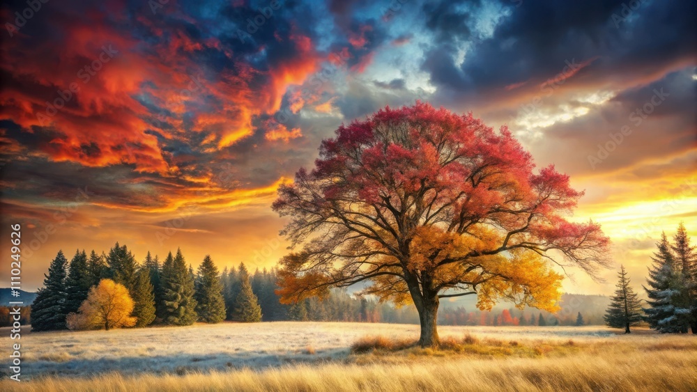 A solitary tree stands tall against a vibrant sunset, its branches adorned with autumn hues, showcasing the beauty of nature's transition. A solitary tree stands tall against a vibrant sunset, its branches adorned with autumn hues, showcasing the beauty of nature's transition.