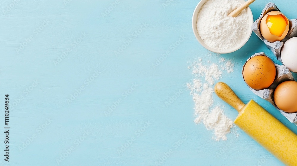 Baking Ingredients for Homemade Pastries on Light Blue Background Baking Ingredients for Homemade Pastries on Light Blue Background
