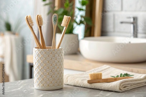 Four bamboo toothbrushes in a ceramic holder on a bathroom counter, next to a towel and another toothbrush. photo