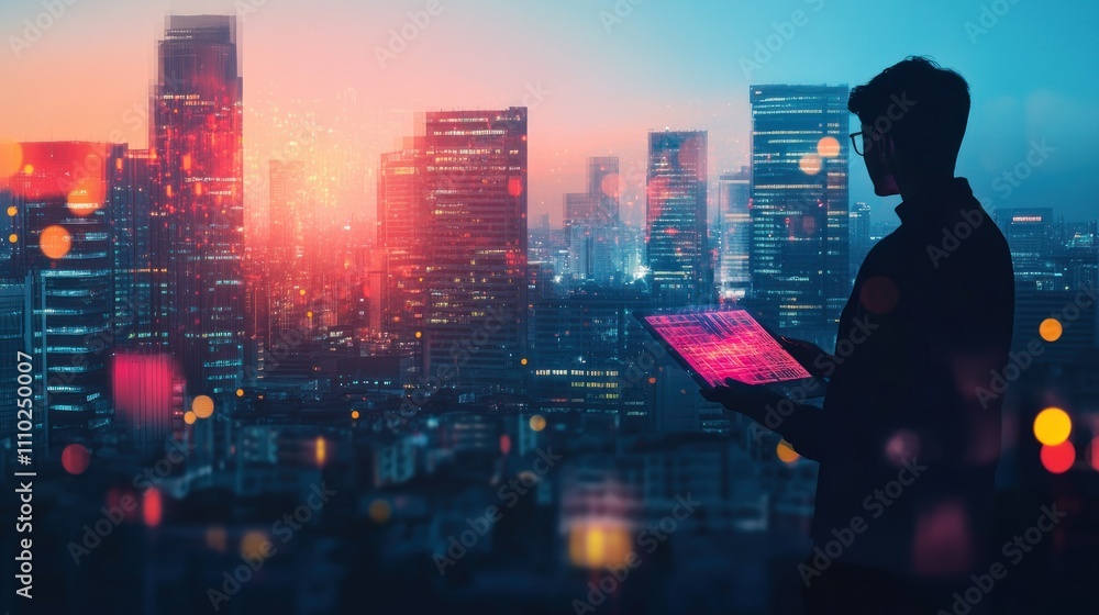 Silhouette of a Person Holding a Tablet in Front of a City Skyline at Night Silhouette of a Person Holding a Tablet in Front of a City Skyline at Night