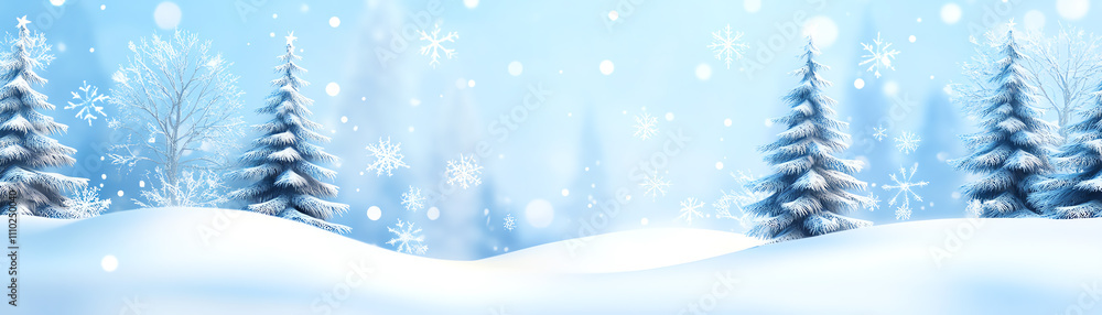Serene winter landscape with snow-covered trees under a soft blue sky. Serene winter landscape with snow-covered trees under a soft blue sky.