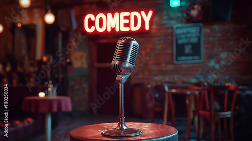 A microphone on stage with a neon 'comedy' sign, symbolizing stand-up comedy.