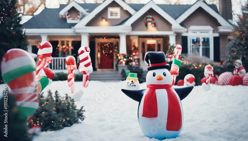 A front yard filled with inflatable holiday decorations, including a giant snowman, candy canes, and a cheerful penguin family.