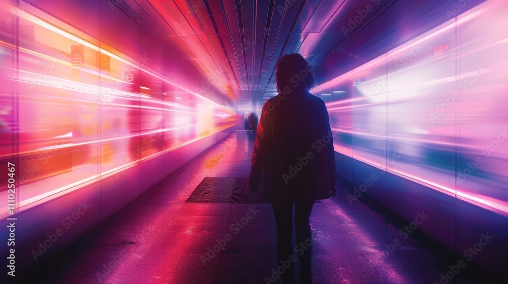 An abstract, futuristic design with vibrant tones of purple, pink, and red. features motion blur effects, and the silhouette of a person slightly visible in the background. An abstract, futuristic design with vibrant tones of purple, pink, and red. features motion blur effects, and the silhouette of a person slightly visible in the background.