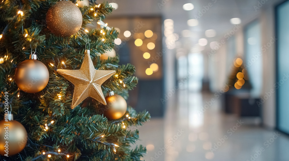 Close-up of part of decorated Christmas tree with golden balls, stars and garlands of lights in hallway in business center festive atmosphere on eve of new year, blurred background with place for text Close-up of part of decorated Christmas tree with golden balls, stars and garlands of lights in hallway in business center festive atmosphere on eve of new year, blurred background with place for text