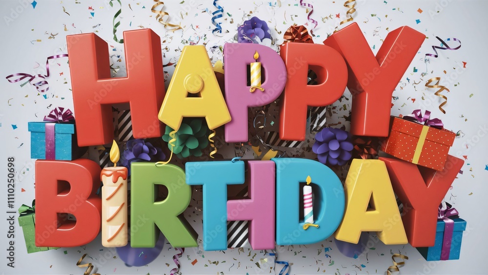 Colorful 3D Happy Birthday Card Design with Gifts and Confetti for Festive Celebrations Colorful 3D Happy Birthday Card Design with Gifts and Confetti for Festive Celebrations