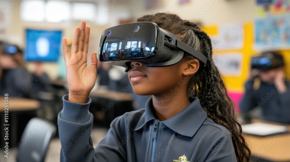 Young girl engages with virtual reality technology in classroom setting during educational activity Young girl engages with virtual reality technology in classroom setting during educational activity