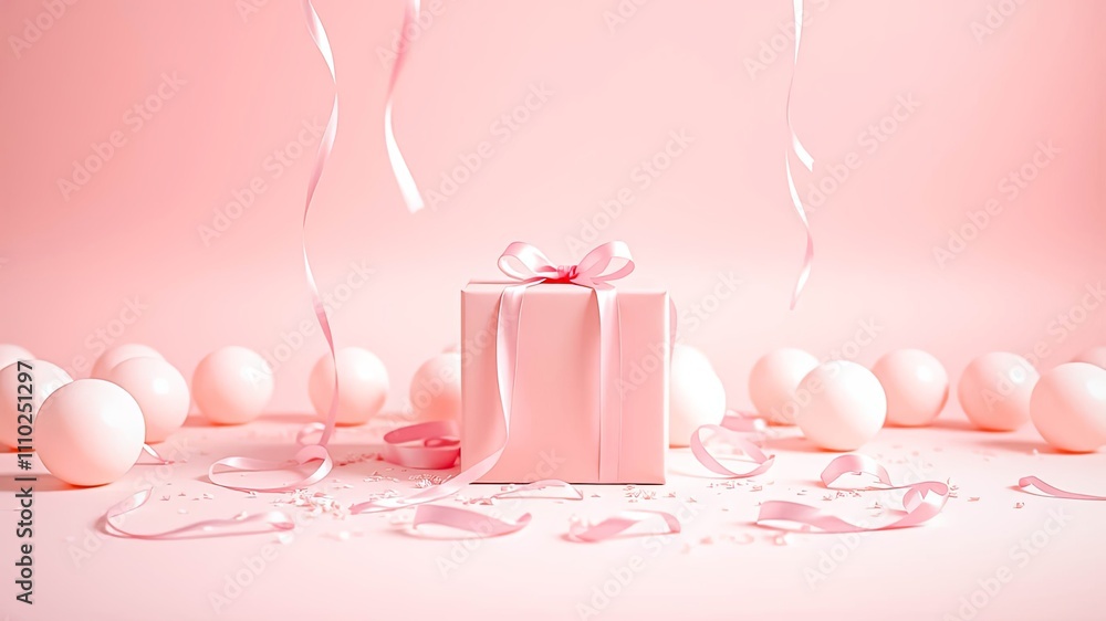 Pink gift box with pastel spheres and ribbons, celebrating a special occasion Pink gift box with pastel spheres and ribbons, celebrating a special occasion