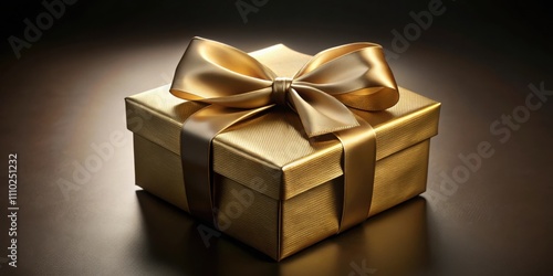 A single golden gift box with a large, elegant satin bow, reflecting the soft light on a smooth, dark surface