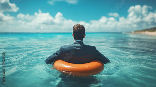 businessman standing with half of his body submerged in water symbolizing struggle, balance, and the quest for stability in uncertain circumstances, contemplating challenges and growth photo