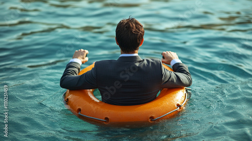 businessman standing with half of his body submerged in water symbolizing struggle, balance, and the quest for stability in uncertain circumstances, contemplating challenges and growth photo