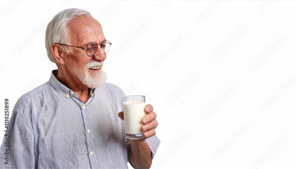 Senior Man Enjoying Milk: A cheerful elderly gentleman with a full white beard and glasses smiles contentedly as he holds a glass of milk. A moment of simple pleasure and well-being. Senior Man Enjoying Milk: A cheerful elderly gentleman with a full white beard and glasses smiles contentedly as he holds a glass of milk. A moment of simple pleasure and well-being.