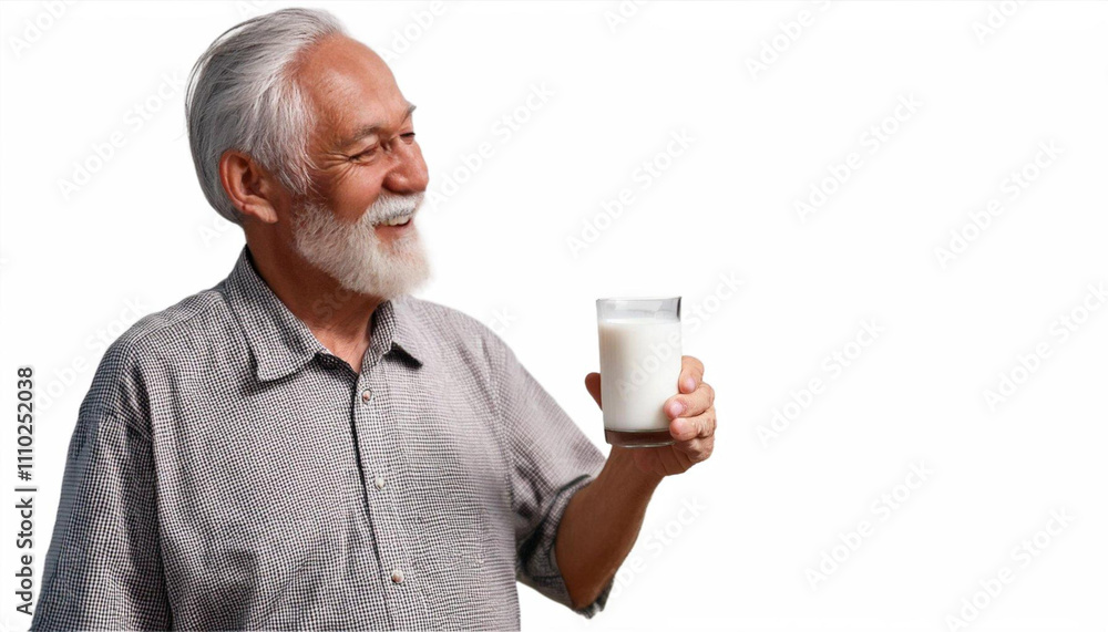 Senior Man Enjoying a Glass of Milk: A portrait of an elderly man with a white beard, beaming with joy as he savors a glass of milk. The image exudes a sense of contentment and healthy living. Senior Man Enjoying a Glass of Milk: A portrait of an elderly man with a white beard, beaming with joy as he savors a glass of milk. The image exudes a sense of contentment and healthy living.
