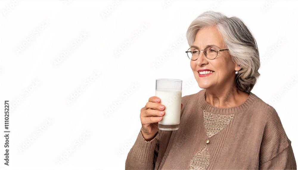 Radiant Senior Woman Enjoying a Glass of Milk: A close-up of a smiling senior woman with glasses, wearing a soft brown sweater, holding a glass of milk, exuding warmth and a sense of well-being. Radiant Senior Woman Enjoying a Glass of Milk: A close-up of a smiling senior woman with glasses, wearing a soft brown sweater, holding a glass of milk, exuding warmth and a sense of well-being.