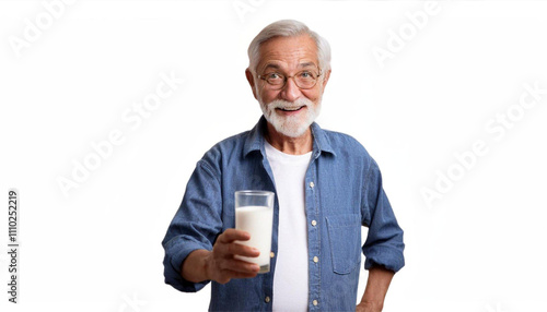 Senior Man Enjoying Milk: A cheerful senior man with a full glass of milk, radiating health and vitality. A picture of contented well-being. 