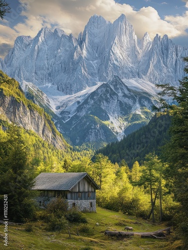 Beautiful mountain panorama in Julian Alps in Slovenia. This is a typical postcard from Slemenova spica with the mighty Jalovec in the backround. photo