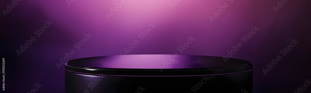 Fototapeta premium Round black podium with a sleek, smooth surface, illuminated from above, against a rich purple backdrop, offering ample space for showcasing a product.