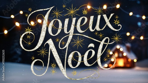 Joyeux Noël! Sparkling Festive Christmas Greeting with Lights and Cabin Background