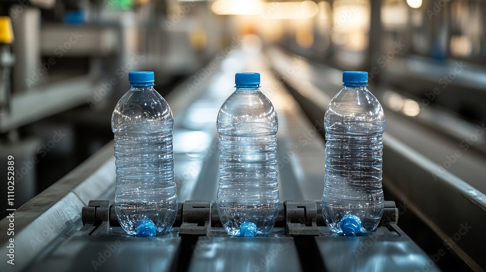 Conveyor belt with plastic bottles moving in a modern industrial setting, symbolizing efficiency, mass production, automation, and the flow of consumer goods in manufacturing processes Conveyor belt with plastic bottles moving in a modern industrial setting, symbolizing efficiency, mass production, automation, and the flow of consumer goods in manufacturing processes