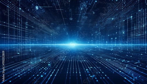 Wallpaper Mural Digital Horizon:  Abstract digital space with glowing blue light, lines, and data flowing to the horizon, representing the vastness and power of technology.  Torontodigital.ca