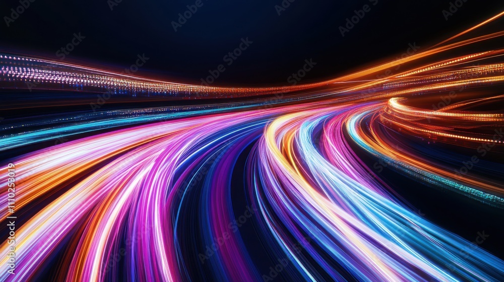 An evocative image of multi-colored abstract light trails flowing together to form a unified, radiant display on a dark background An evocative image of multi-colored abstract light trails flowing together to form a unified, radiant display on a dark background